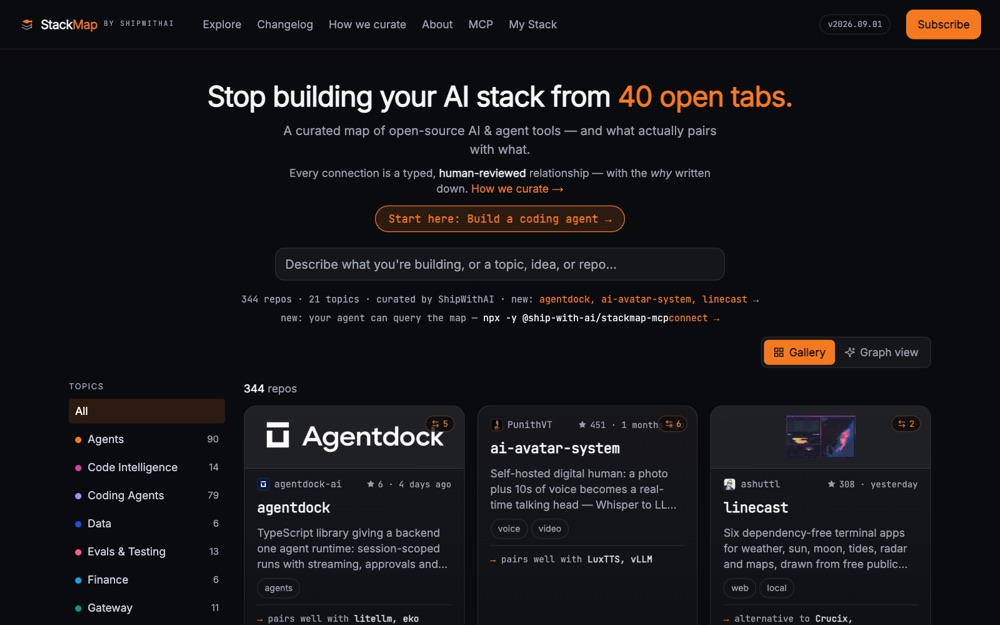 StackMap homepage: a searchable, curated map of 344 open-source AI and agent repos